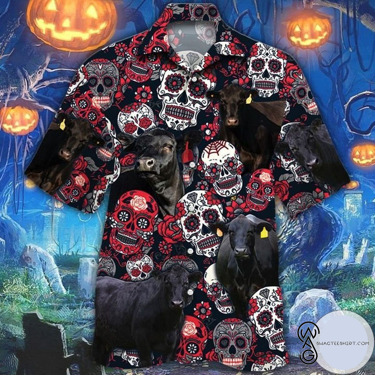 [Top Trending] Farmer Black Angus Cattle Lovers And Sugar Skull Floral Halloween Casual Beach Full Printing Hawaiian Shirt